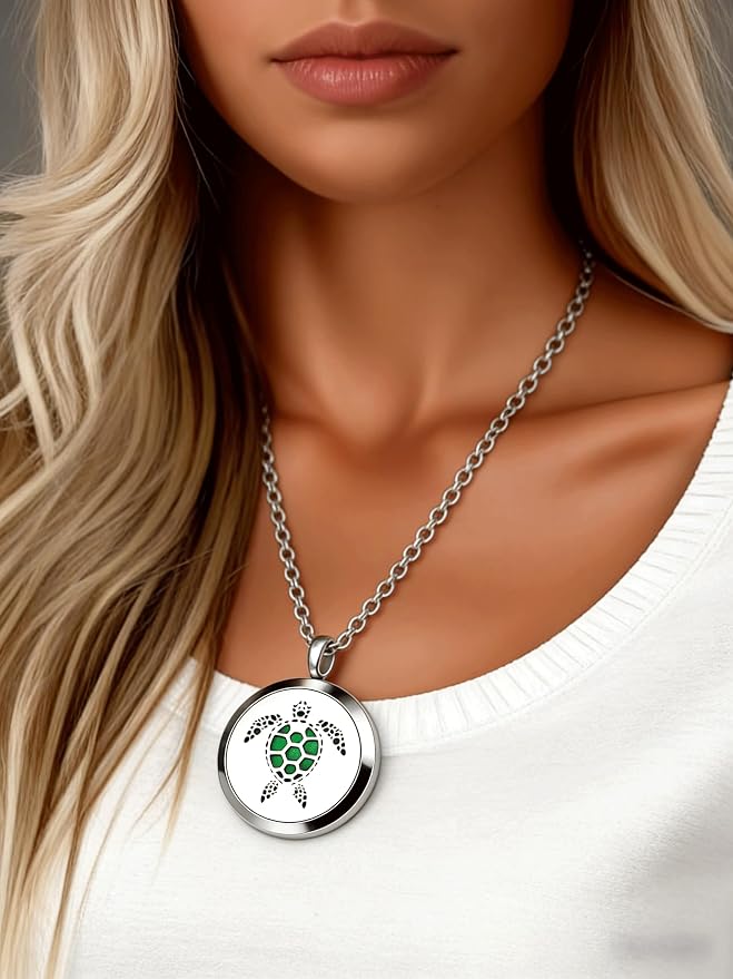 Essential Oil Diffuser Necklace, Aromatherapy Stainless Steel Turtle Chain Pendant Locket Jewelry for Men Women