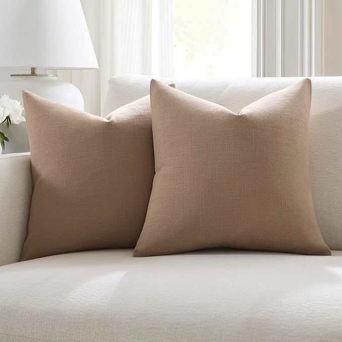 Meekio Set of 2 Camel Throw Pillow Covers 20x20, Modern Farmhouse Linen Blend Decorative Pillow Covers for Couch Sofa Bed, Neutral Home Decor