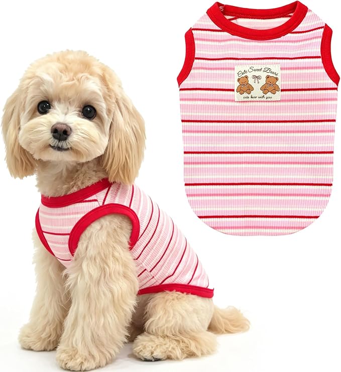 Small Dog Shirts Classic Striped Dogs Cats Clothes, Red M | Soft Pet Tee Shirt, Breathable Dog Outfits with Exquisite Edging, Small Puppy Pajamas Chihuahua Yorki Party Daily Costumes