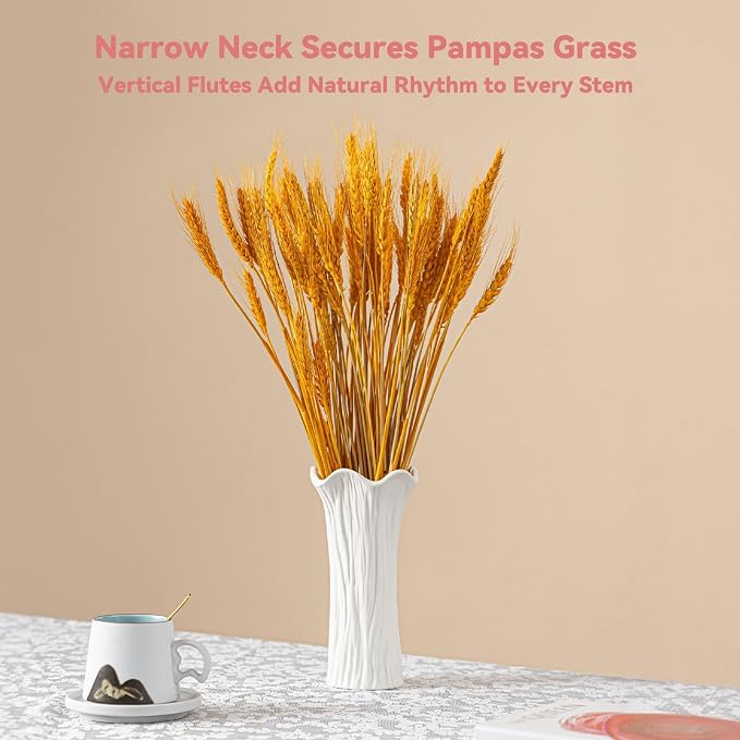White Ceramic Vase with Ruffled Rim & Vertical Fluted Texture - 8.5" Unique Flower Vase for Pampas Grass & Centerpieces, Decorative Boho/Farmhouse Vase for Living Room, Office & Gift for Her/Yourself