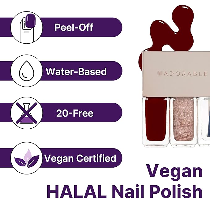 Vegan Nail Polish 3pc Set – Burgundy & Metallic Rose Gold + Clear Top Coat | Halal, Water-Based, Breathable, Chip-Resistant, 0.51 fl oz