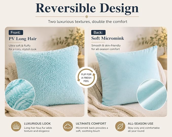 REAFORT Long Hair Faux Fur Euro Sham Cover 26"x26", Hidden Zipper(Aqua) | Ultra-soft plush faux fur with a hidden zipper adds luxurious comfort and is machine washable for easy care.