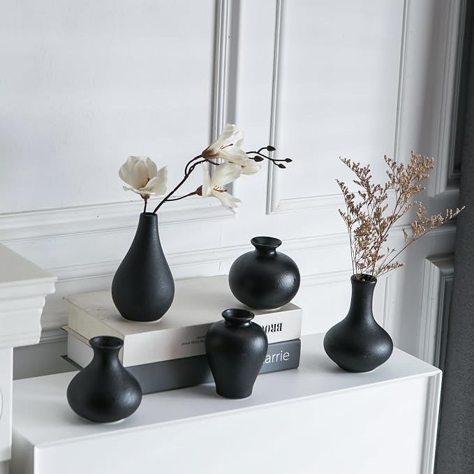 Tanvecle Small Black Vases, Ceramic Bud Vase Set 5, Modern Home Decor | Mini pottery vases for pampas grass, flowers, minimalist home decor, wedding centerpiece for dining table living room shelf