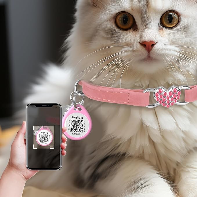 Heart Bling Cat Collar with Safety Belt and Bell Adjustable 8-13 inches for Kitten,Personalized Cat Collar with QR Code Smart ID tag Cute Kitty Collar for Girl Boy Cats,Pet Gifts GPS(red)