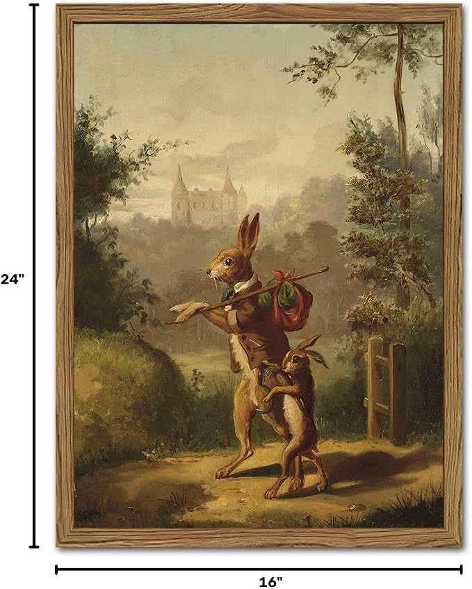 Funny Rabbit Wall Art Whimsical Bunny Wall Decor Painting Vintage Cottagecore Easter Animal Poster Canvas Prints Hare Family Picture Artwork for Living Room Bedroom 16x24 inch Wood Framed