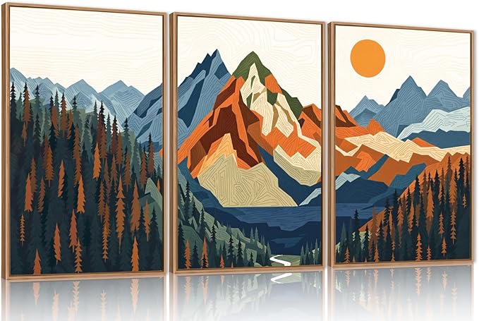 FWIEXA Vintage Mountain Framed Canvas Wall Art Set, Boho Sunrise Wall Prints, Abstract Nature Forest Artwork, Retro Lake Sunset Painting, 3 Panel 24x36 Inches Modern Rustic Decor for Living Room, Bedroom, Office