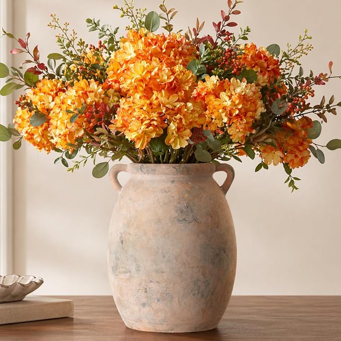 Rustic Ceramic Vase for Flowers 7.7", Terracotta Pottery Vase with Handles & Distressed Finish, Large Vintage Decorative Stone Clay Vases for Farmhouse Decor, Table Centerpiece, Fireplace Mantle