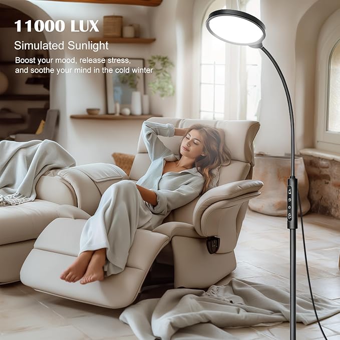 Light Therapy Lamp 11000 Lux, 3 in 1 UV-Free LED Sunlight Lamp with 9 Brightness Levels & 7 Color Temperatures, Height Adjustable Floor Light, Full Spectrum Happy Therapy lamp for Home Office Bedroom
