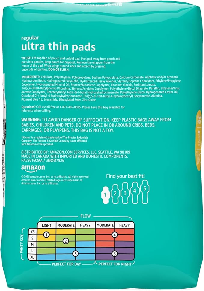 Amazon Basics Regular Absorbency Feminine Pads for Women, Ultra Thin with Flexi-Wings, Unscented, Size 1, Absorbent, 144 Count (4 Packs of 36) (Previously Solimo)