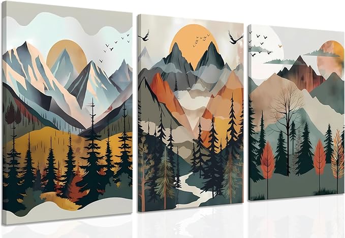 Mountain Canvas Wall Art Set of 3, Boho Sun Forest Abstract Nature Landscape Artwork Wall Decor, Watercolor Posters Prints Painting Picture Artwork for Living Room Bedroom Office 16x24 In Framed