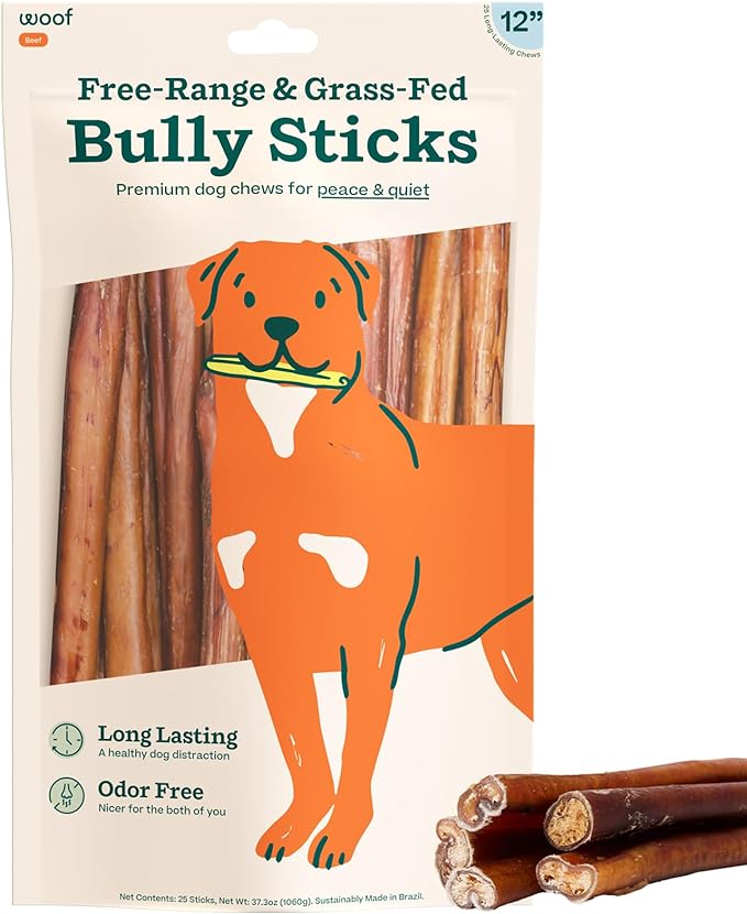 WOOF Bully Sticks Dog Chew Treats, 12 Inch, 25 Count | Free-range grass-fed beef, long-lasting chews, high protein, odor controlled, supports dental care