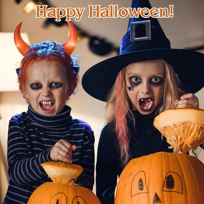 4 Pairs Vampire Teeth Fangs, 4 Sizes Halloween Vampire Fake Fangs with 2 Packs of Tooth Solid Adhesive for Cosplay Props Halloween Party Accessories Masquerade Dress up Favors