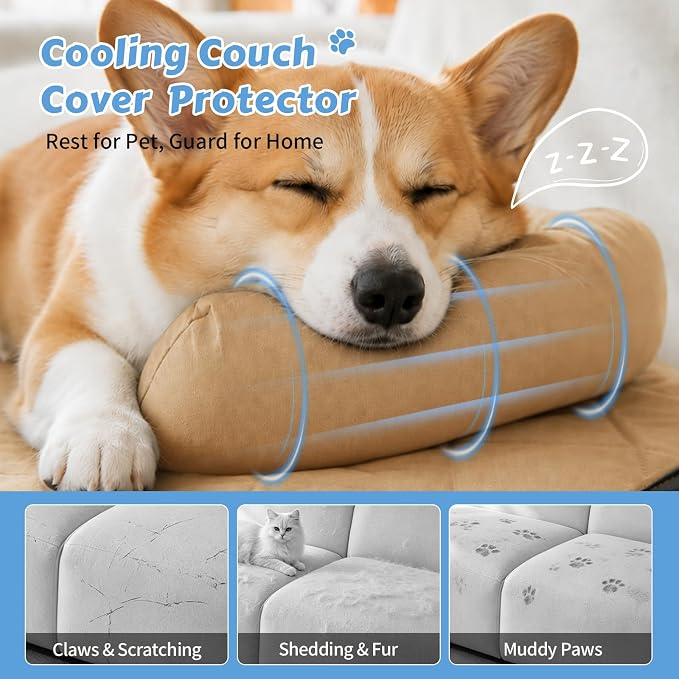 Cooling Dog Bed Mats with Neck & Head Support, 35.43 x31.5 inch Khaki | for Small and Medium Dogs & Cats, Non-Slip, Machine Washable, Protects Sofa from Fur & Scratches