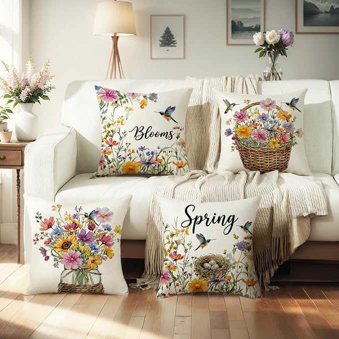 wyooxoo Throw Pillow Covers 18x18 Set of 4 Spring Pillow Covers Linen Flower Bird Farmhouse Cushion Case for Sofa Couch Living Room Outdoor Home Decor