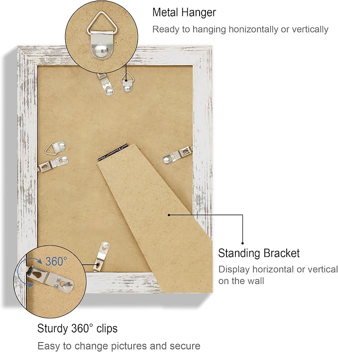 Hongkee 6x8 Picture Frame Set of 4, Made of Real Glass and Distressed White Frame - Display Picture 4x6 with Mat or 6x8 Without Mat, 6 by 8 Photo for Wall or Tabletop