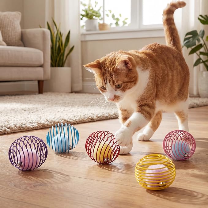 Jecery 5 Pcs Cat Toys Spring,Pom-pom with Bell,Multicolor