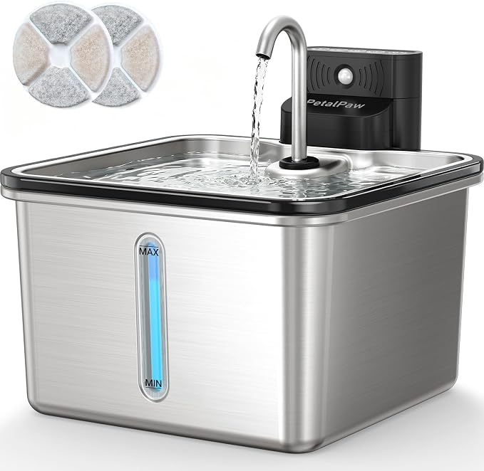 Wireless Cat Water Fountain, Water & Battery Separation, Faucet Design | PETALPAW Cat Fountain Stainless Steel, 4000mAh, 3.5L Cordless Pet Water Dispenser for Indoor Cats & Small Dogs, Silver