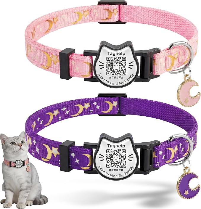 Star & Moon Breakaway Cat Collar with QR Code Tag (Pink & Purple) | Reflective Nylon, Quick-Release Buckle，Smart