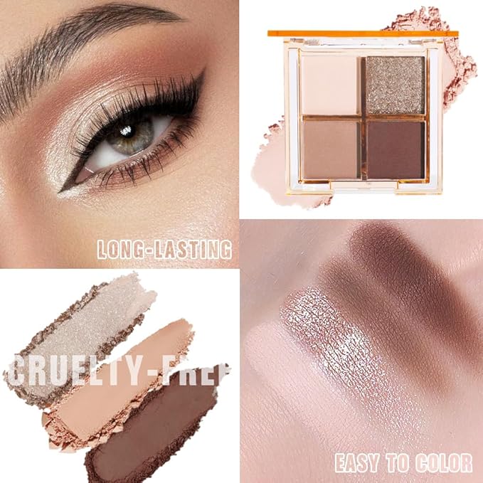 Eyeshadow Quads Blendable Glitter Matte Eyeshadow Palette,Black Gold Nude Brown Coffee Shinmmer Sparkly Four Eyeshadow Palette Makeup,Everyday Nature Long-Lasting Waterproof Women Girls Eyeshadow 4#