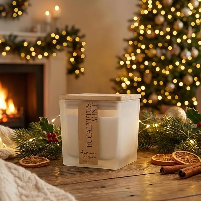 Eucalyptus Mint Scented Candle, 7.04oz 40 Hour Burn, Natural Soy Wax with Crackling Wood Wick, Highly Scented Aromatherapy Candle for Stress Relief & Meditation, Gifts for Women & Men