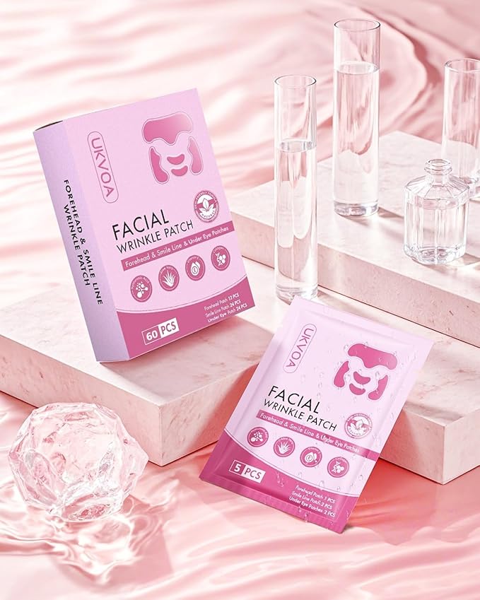 UKVOA Forehead Wrinkle Patches & Smile Line Patches & Under Eye Patches, Overnight Facial Wrinkle Treatment with Hyaluronic Acid, Aloe, Collagen & Vitamin E to Lift Smile Lines for Women 60pcs