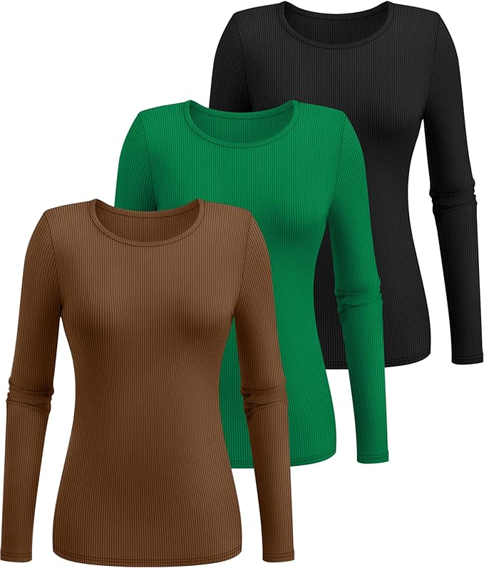Ficerd 3 Pack Women's Ribbed Long Sleeve Tops, Crew Neck Slim Fit Undershirts Knit Basic Casual Stretch Layering Tee Shirts
