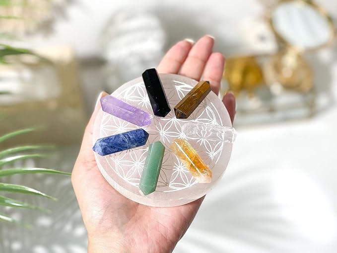 Chakra Crystal Healing Set: Selenite Flower of Life Plate & 7 Double Terminated Points