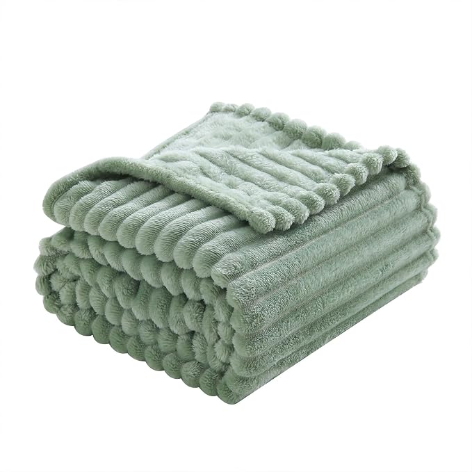 Sage Green Fleece Throw Blanket 108”×90” for Couch Sofa Livingroom | Super Soft Cozy Plush Microfiber Flannel Bed Blanket Striped Design Lightweight Home Decor Gifts for Adults Mom Women