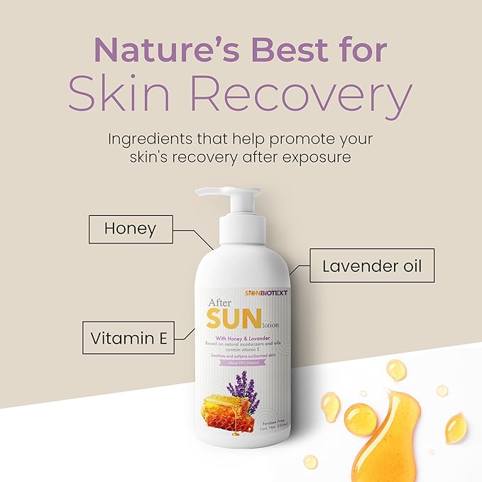 After Sun Lotion with Honey & Lavender – Hydrating & Soothing Moisturizer for Sunburned Skin – Natural Aloe Vera, Vitamin E & Jojoba Oil – Paraben-Free – 8.45 fl. oz (250ml)