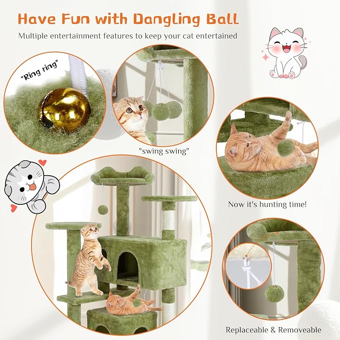 Sweetcrispy 54-inch Cat Tree Tower with Scratching Posts, Indoor Use | Multi-Level Indoor Cat Tree Condo with Climbing Ladder, Plush Toy, Play House for Kitten, Green