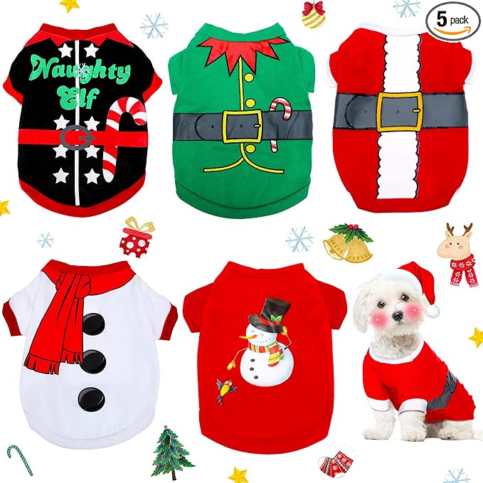 5 Pack Christmas Dog Shirts Christmas Santa Pet Clothes, M Fits 5-8 Lbs | Soft Fabric Xmas Snowman Costume, Winter Puppy Outfit for Dogs Cats Pet, Festive Holiday Party Apparel, Cozy Christmas Shirts