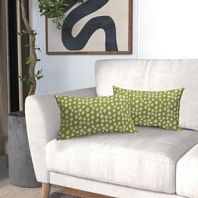 Lime Green Cream Dots Lumbar Pillow Covers 12x20 Set of 2 Boho Design Polka Dot Print Throw Pillows Modern Outdoor Decorative Pillowcase Rectangle Linen Cushion Cases Decor for Sofa Couch Bed