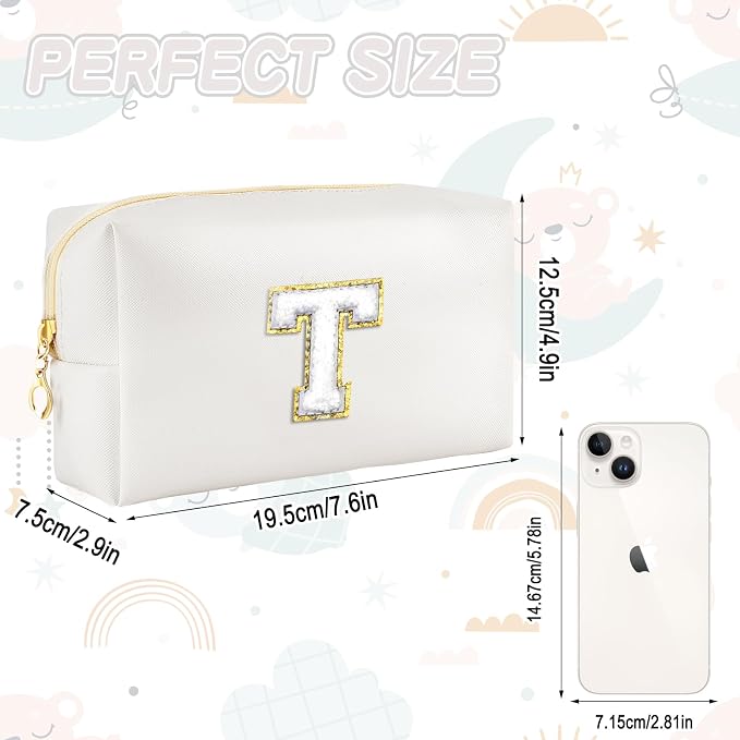URSKYTOUS Gifts for Girls Initial Makeup Bag Personalized Cosmetic Bag with Zipper Cute Travel Toiletry Bags Waterproof PU Preppy Makeup Pouch Birthday Gift for Teen Girls Women(White T)