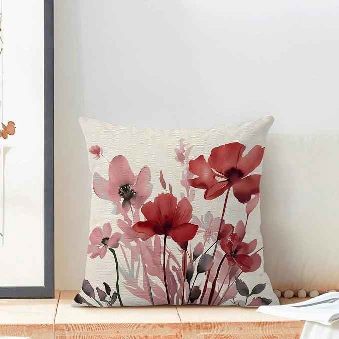 Spring Pillow Covers 18x18 Inches Set of 2 Pink Burgundy Red Floral Throw Pillow Covers Outdoor Rustic Summer Flower Decoration Pillowcase Farmhouse Decorative Cushion Cover For Home Sofa Couch
