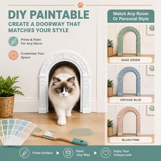 XL Cat Door for Interior Doors Easy to Install in Minutes, No-Flap, White | No Training Required, for Cats Up to 30 lbs, DIY Paintable, Fits 1.25"–1.75" Hollow & Solid Door, Retro Farmhouse Style