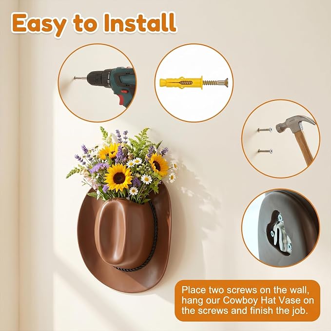 Hanging Wall Vase for Flowers Resin Cowboy Hat Vase Western Decor Brown