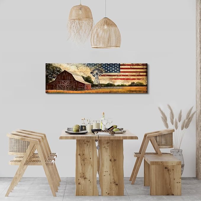 Farmhouse Barn Wall Art Country Western Wall Decor Vintage Windmill Pictures for Kitchen Living Room, Old Barn Landscape Canvas Painting America Flag Poster Prints Artwork Cabin Decoration 14x48”