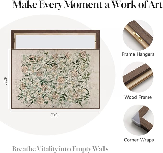 Extra Large Framed William Morris Wall Art for Living Room, Oversized Neutral Sage Green Vintage Canvas Artwork for Walls, Botanical Painting Print for Dining Room Bedroom Hallway Wall Decor, 72x48 In