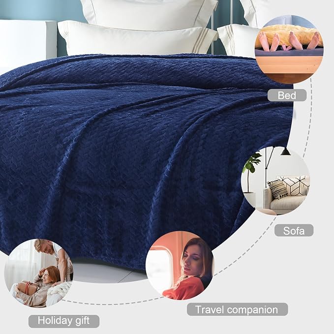 Exclusivo Mezcla Soft Fleece Bed Blanket Queen Size, 90”x90”, Navy Blue | Cozy Fluffy Lightweight Blankets for Summer, Decorative Plush Flannel Throws for Living room, Bedroom with Leaves Pattern