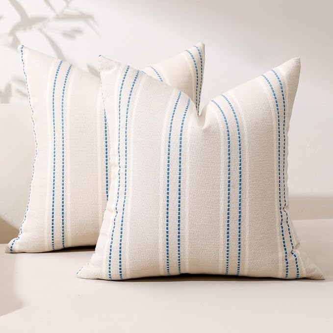 Hckot Striped Throw Pillow Covers 18x18 Set of 2 Lake Blue Pillow Covers | Farmhouse Decorative Pillows Textured Linen Square Cushion Covers for Sofa Couch Bed Living Room Decor(Lake Blue)
