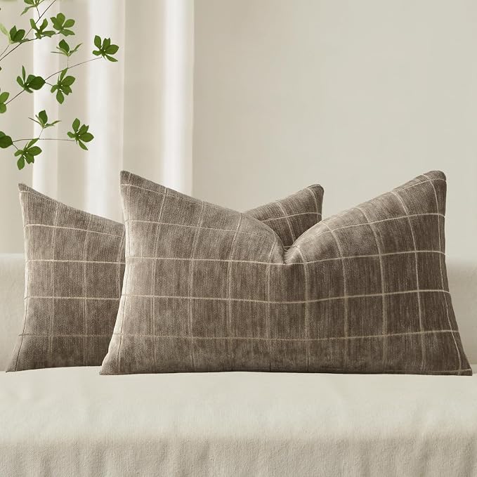 MIULEE Taupe Grey Plaid Decorative Fall Lumbar Pillow Covers 12x20 Set of 2 | Vintage, Check Chenille Couch Pillows, Boho Farmhouse Cushion Covers, Modern Home Decor for Sofa Bed Living Room