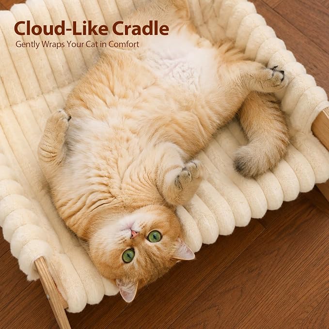 Elevated Cat Couch for Indoor Cats Wooden Cat Sofa for Kitty Puppy | Ultra-Soft Plush Raised Cat Bed,Removable Washable Cat Chair Hammock,Breathable Cat Furniture for Bedside Balcony Living Room