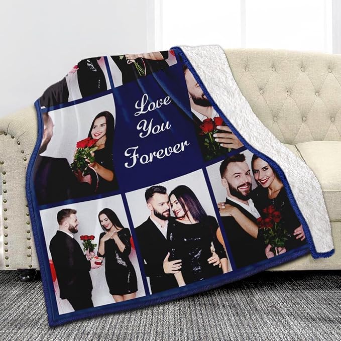 Ships Next Day, Custom Sherpa Fleece Blanket with Photos Text Soft Warm Custom Blanket Personalized Couples Gifts for Boyfriend Girlfriend Customized Picture Blanket Gifts for Christmas Valentines Day