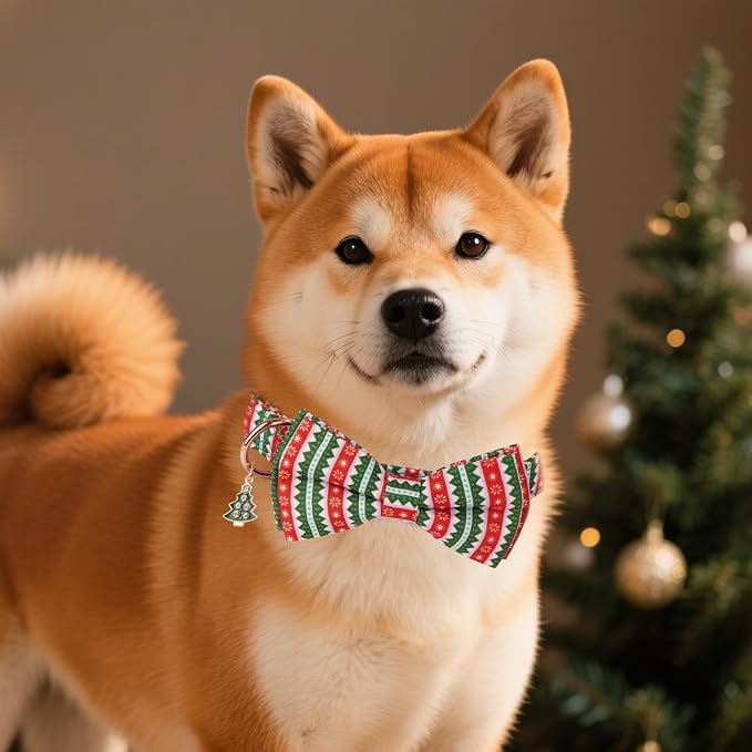ADOGGYGO Christmas Dog Collars with Bow, Detachable Stripe Xmas Bowtie, Metal Buckle, Adjustable Green Christmas Collars for Medium Dogs Boy Girl (Medium)