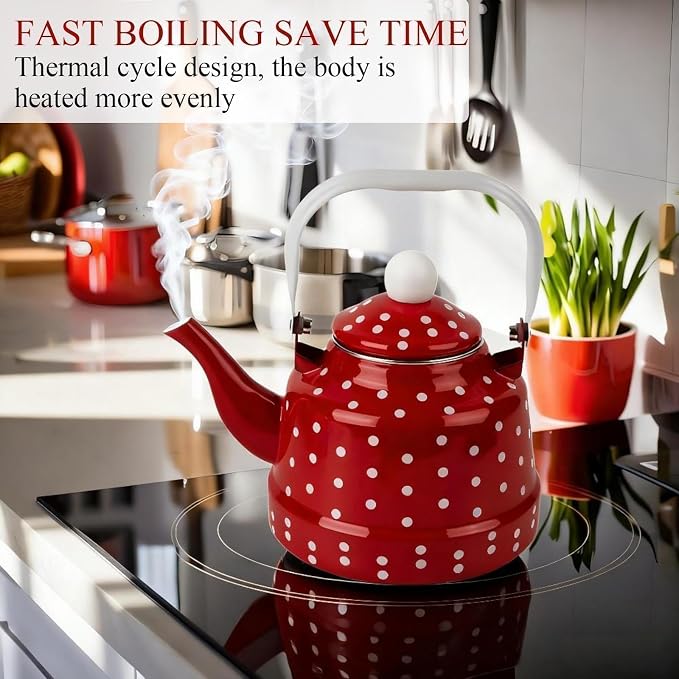 2.5 Quart Vintage Enamel Tea Pot Stovetop,Enamel Water Kettle Teapot with Red and White Spots,Enamel on Steel Water Coffee with Handle,Hot Water Kettle for Hot Water,No Whistling,Wedding Gift