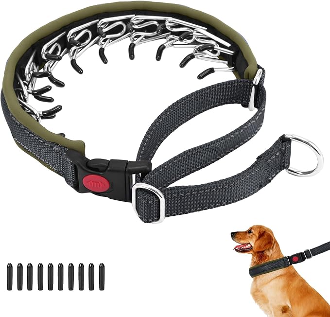 Martingale No Pull Dog Collar for Large Medium Small Dogs, Heavy Duty Nylon Reflective Adjustable Anti Pull Slip Collar with Buckle for Training Walking L Black Army Green