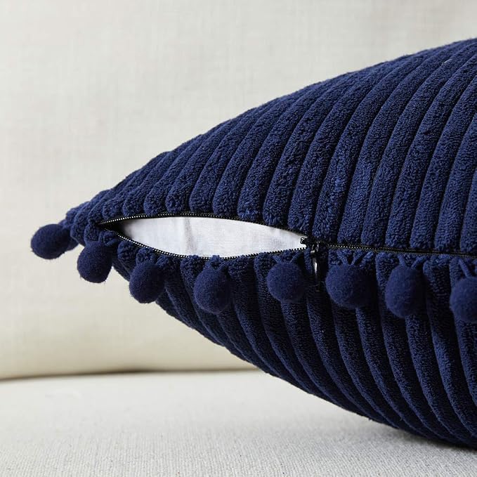 Fancy Homi Pack of 2 Corduroy Navy Blue Decorative Throw Pillow Covers with Pom-poms, Solid Square Cushion Case Pillow Cases Set for Couch Sofa Bedroom Car Living Room (18x18 Inch/45x45 cm, Navy Blue)