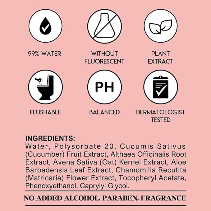Flushable Feminine Wipes pH-Balanced & Unscented for Sensitive Skin | Individually Wrapped, Septic-Safe, Aloe-Infused | Travel & Home Use (60 Count)