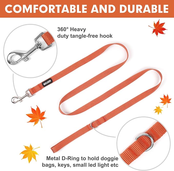 azuza Nylon Fall Dog Collar and Leash Set, Strong & Durable Basic Style Leash with Easy to Use Collar Hook, Available in Multiple Lengths for Medium Dogs, Rust Orange,M