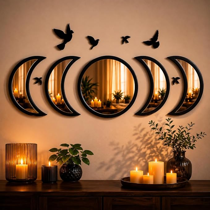 NESHE Moon Phase Mirror Wall Decor Set with Birds | Gothic Witchy Boho Wall Mirror Decor | Scandinavian Aesthetic Home Decor for Bedroom Living Room (Black)